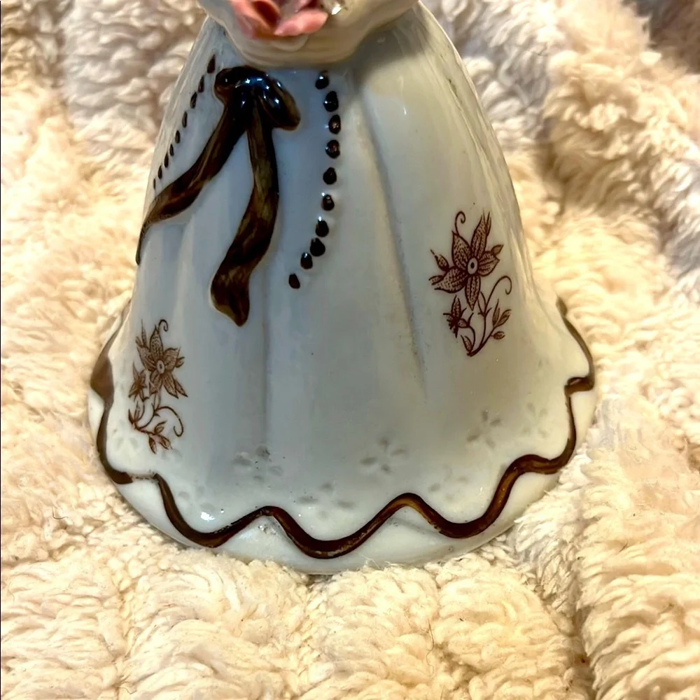 Victorian Bell Girl with Rose flower Brown Cream Glazed Porcelain Vintage